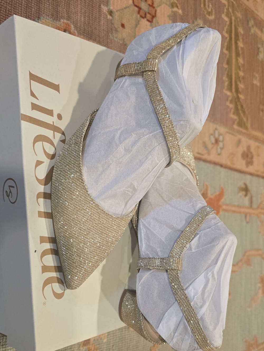 Life Stride Champagne Glitter Pointed Toe Mary Jane Pumps